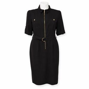 Roz & Ali Black Zip Front Belted Dress Size 16 Gold Hardware Career Midi